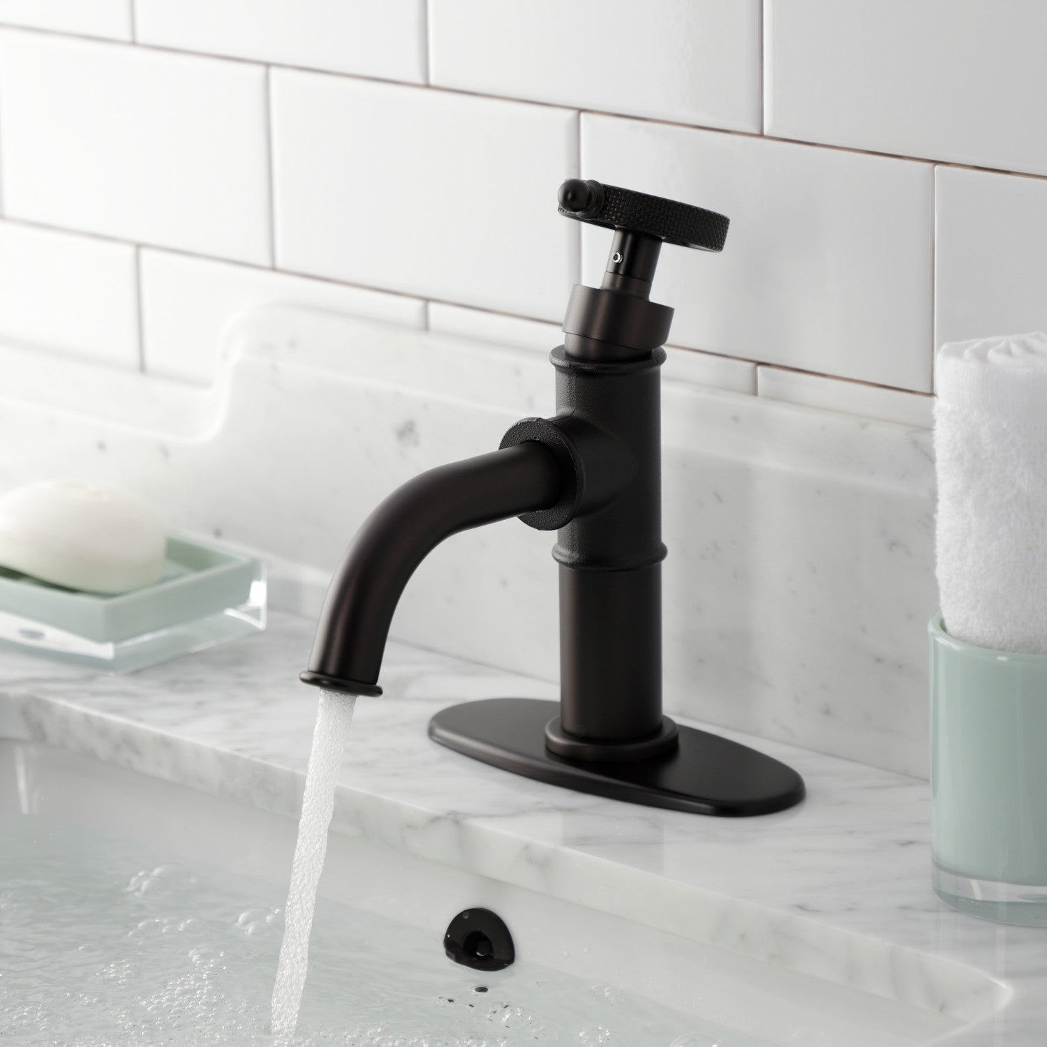 Kingston Sona KSD2825RKX - Webb One-Handle 1-Hole Bathroom Faucet with Knurled Handle, Deck Plate, and Push Pop-Up Drain, Oil Rubbed Bronze — thumbnail 2